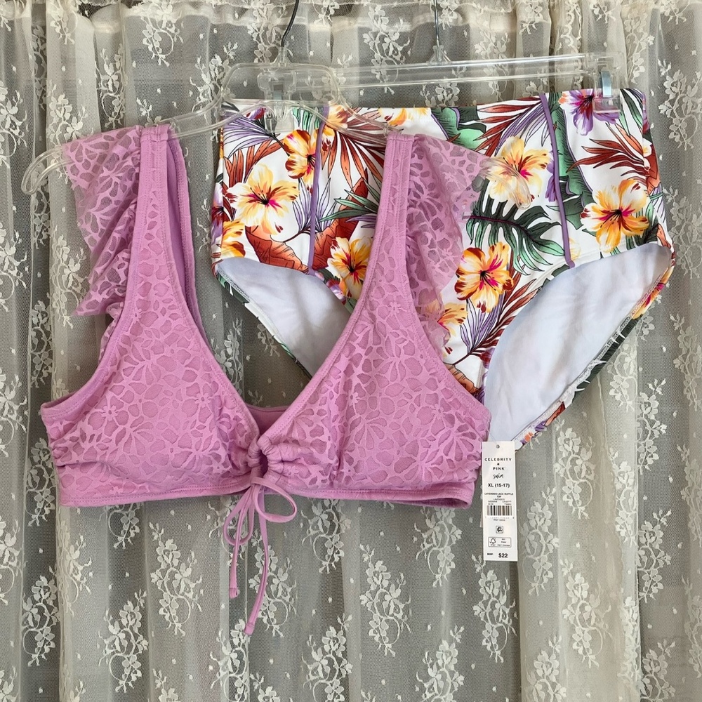 NWT 2 piece swimsuit lilac lace ruffle top and tropical bottoms